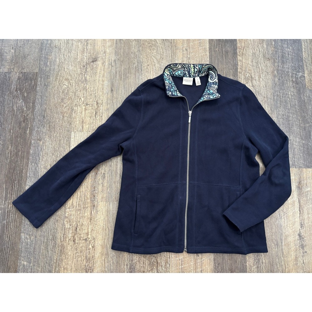 Weekends by Chico's Navy Blue Full Zip Ribbed Cotton Jacket Paisley Collar Sz 1